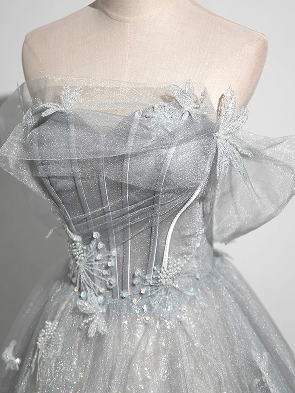 A-Line Off the Shoulder Tulle Prom Dress Corset Floor Length Party Dress