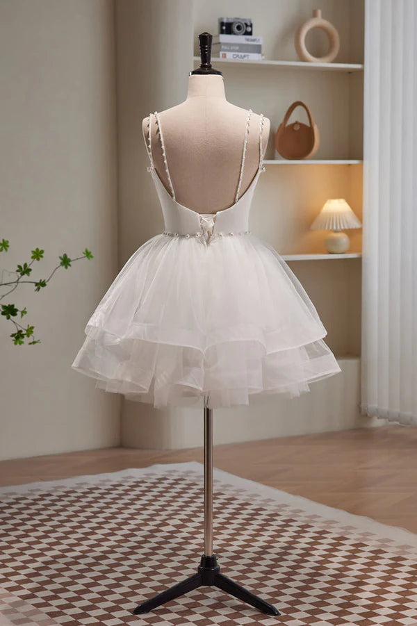 Vestidos de fiesta cortos de tul con tirantes finos y corte A