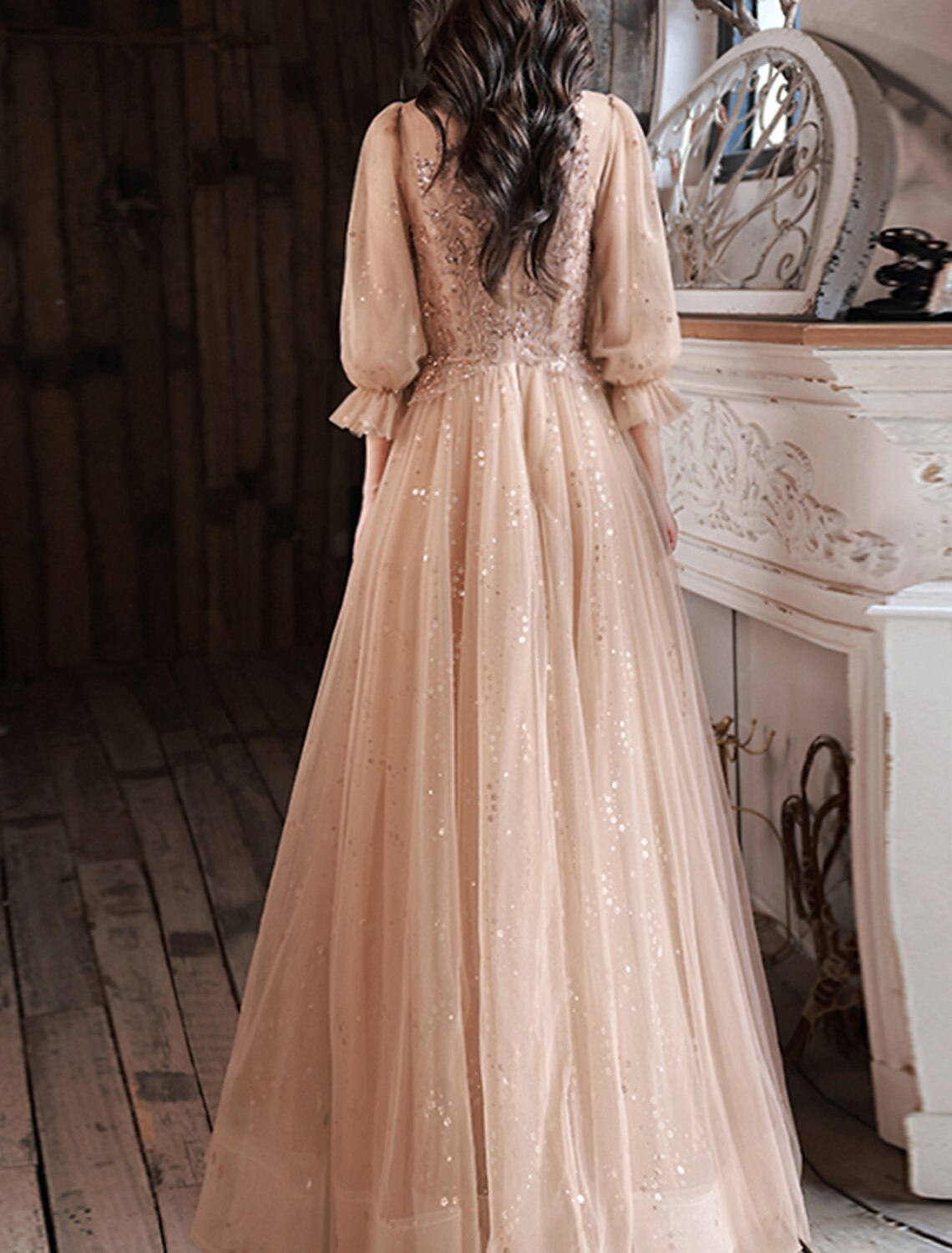 Vestidos de fiesta de corte A, brillantes y con brillo, para graduación, boda, fiesta, largo hasta el suelo, media manga, escote redondo, encaje con apliques de lentejuelas