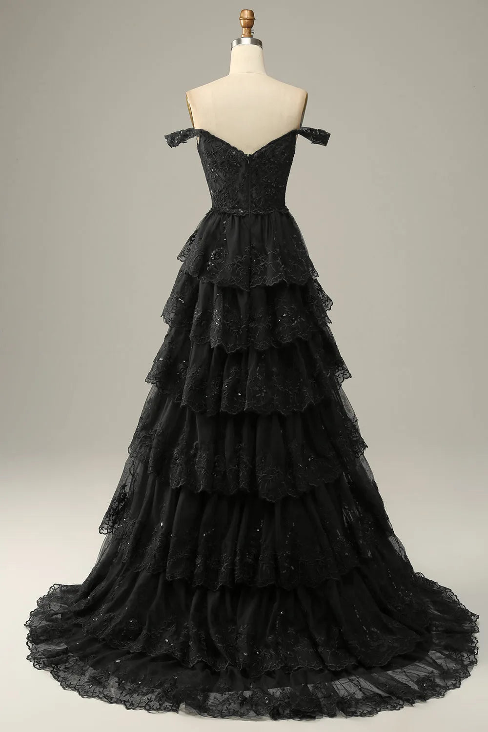 A Line Off the Shoulder Corset Prom Dress with Lace Ruffles