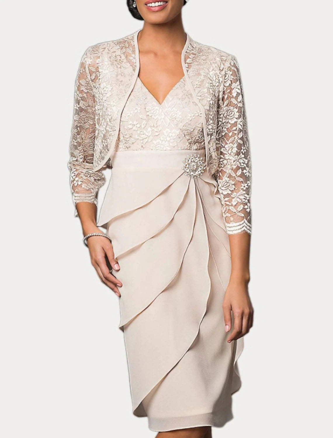 Vestido de dos piezas tipo tubo/columna para madre de la novia, para invitadas de boda, iglesia, elegante, escote en V, largo hasta la rodilla, de gasa, con encaje, mangas 3/4, cruzado incluido, con bordado y volantes en cascada