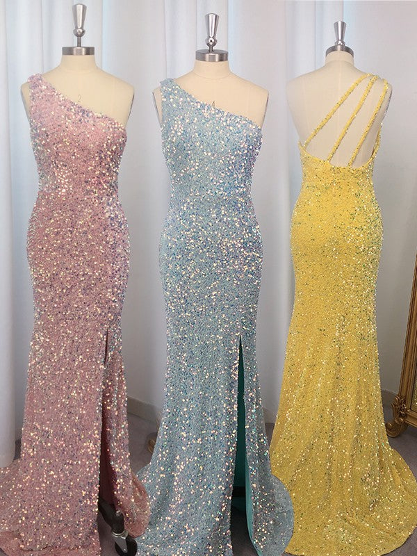 Vestidos de fiesta con lentejuelas, un hombro, sin mangas, con cola larga