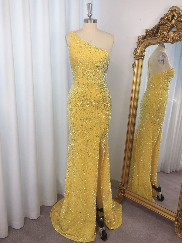 Vestidos de fiesta con lentejuelas, un hombro, sin mangas, con cola larga