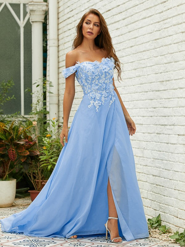 A-Linie/Princess-Linie Chiffon Applikationen Schulterfrei Ärmellos Sweep/Pinsel zug Kleider