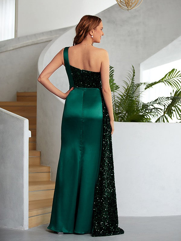 Vestidos largos hasta el suelo sin mangas, con un solo hombro y lentejuelas de terciopelo fruncido