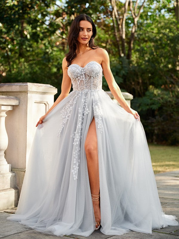 A-Line/Princess Tulle Applique V-neck Sleeveless Floor-Length Dresses