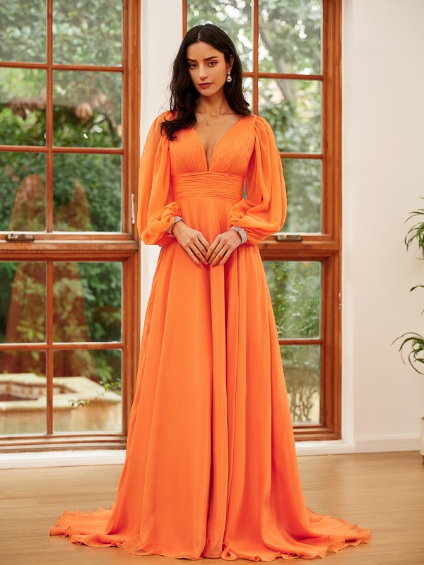 A-Linie/Princess-Linie 30D Chiffon Rüschen V-Ausschnitt Lange Ärmel Sweep/Pinsel zug Kleider