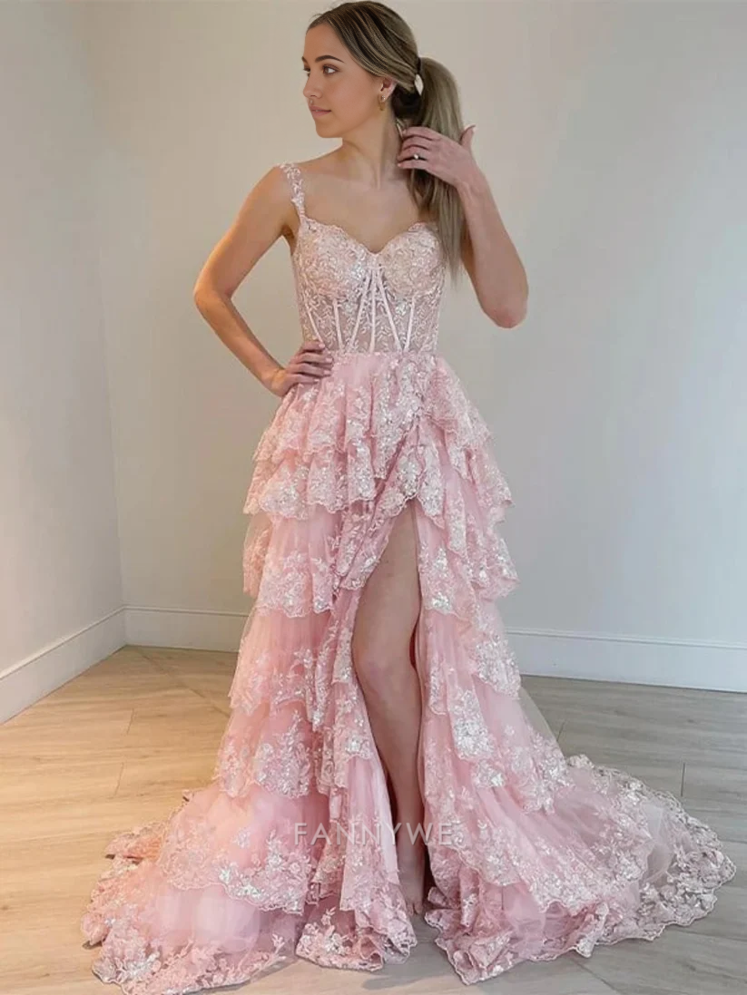A Line Long Off the Shoulder Sweetheart Sleeveless Tiered Ruffles Tulle formal dresses Bridesmaid Dresses evening gown Prom Dress With Split