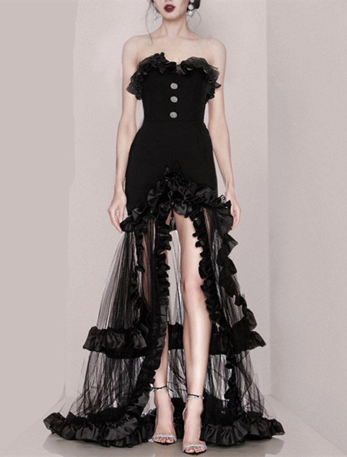 Vestidos de fiesta de corte A, estilo vintage, para fiesta, boda, con cola larga, sin mangas, sin tirantes, de encaje con apliques de abertura.