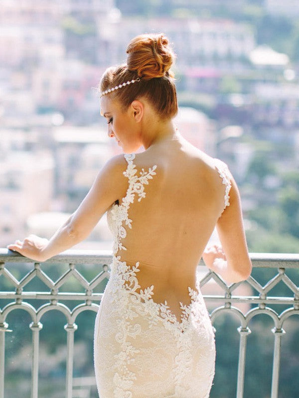 Trumpet/Mermaid Sleeveless Sweetheart Spaghetti Straps Court Train Applique Lace Tulle Wedding Dresses