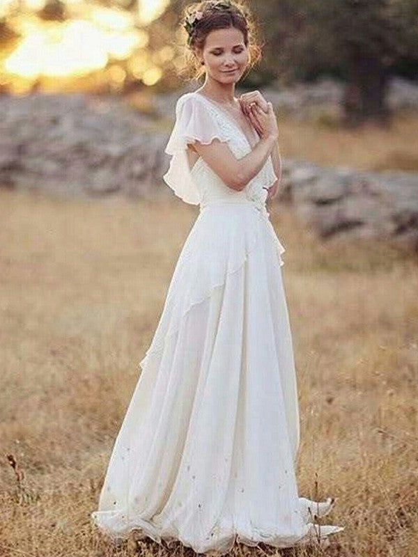 Vestidos de novia de corte A/princesa, de gasa, escote en V, fruncido, mangas cortas y largo hasta el suelo