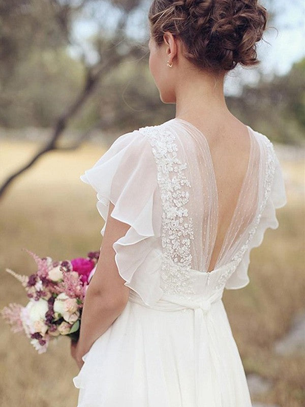 Vestidos de novia de corte A/princesa, de gasa, escote en V, fruncido, mangas cortas y largo hasta el suelo