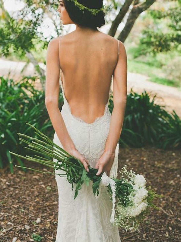Trumpet/Mermaid Lace Ruffles Spaghetti Straps Sleeveless Sweep/Brush Train Wedding Dresses