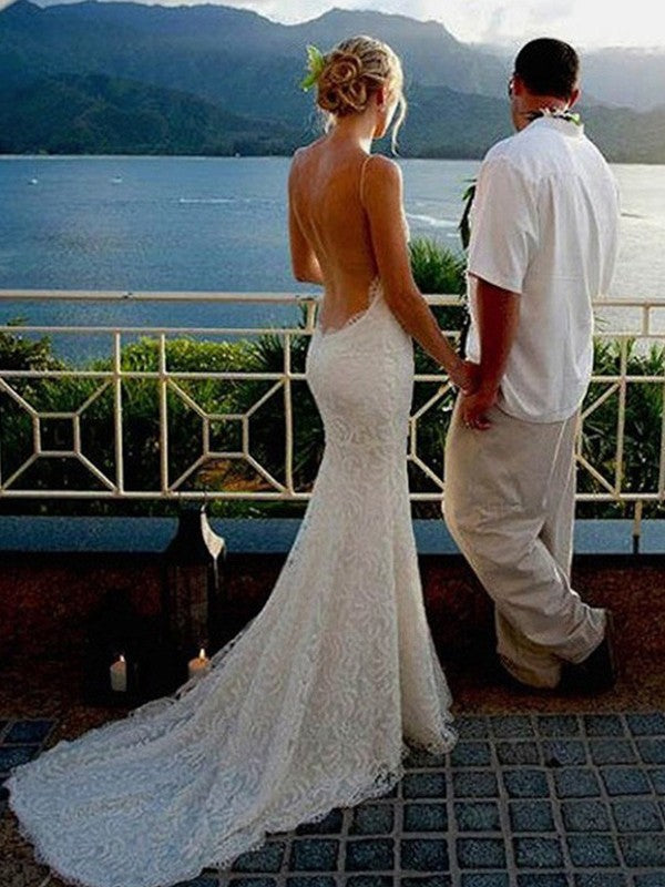 Trumpet/Mermaid Lace Ruffles Spaghetti Straps Sleeveless Sweep/Brush Train Wedding Dresses