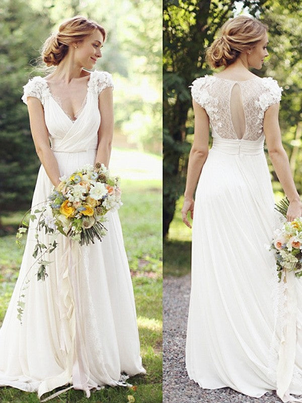 A-Linie/Princess-Linie Chiffon Rüschen V-Ausschnitt Kurze Ärmel Sweep/Pinsel zug Brautkleider