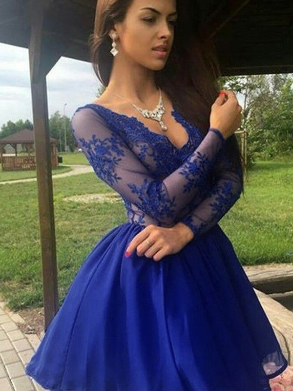 Vestidos cortos/mini de gasa con escote en V, apliques y mangas largas, corte A/princesa