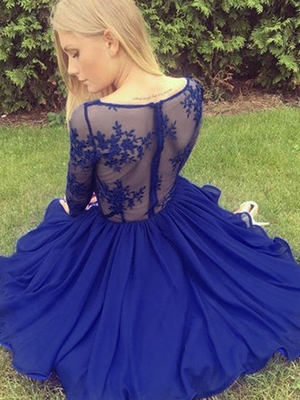 Vestidos cortos/mini de gasa con escote en V, apliques y mangas largas, corte A/princesa