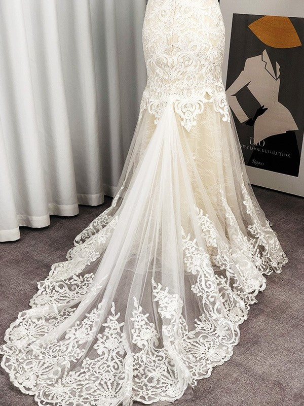 Trumpet/Mermaid Tulle Applique Scoop Sleeveless Sweep/Brush Train Wedding Dresses