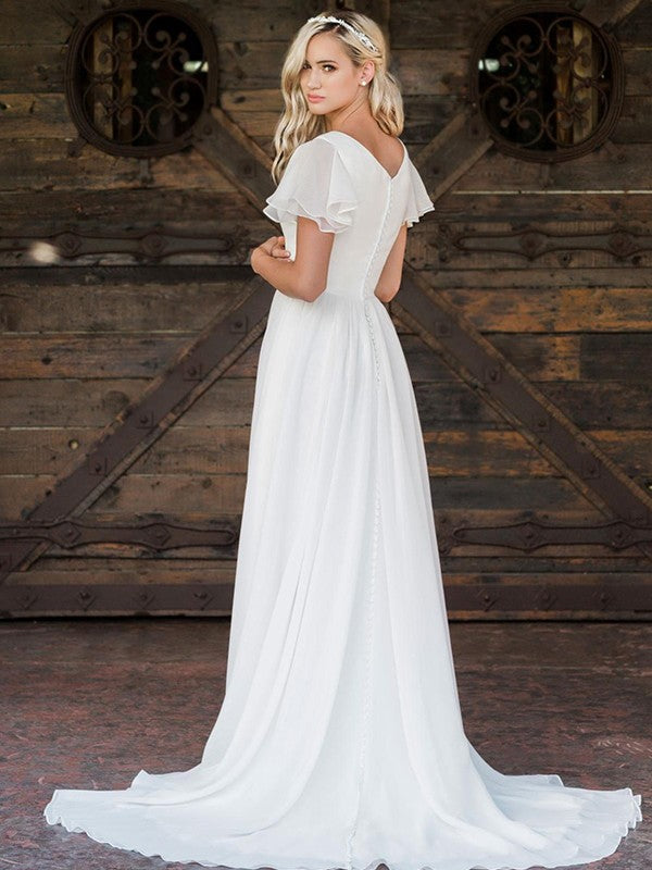 A-Linie/Princess-Linie Chiffon Rüschen V-Ausschnitt Kurze Ärmel Sweep/Pinsel zug Brautkleider