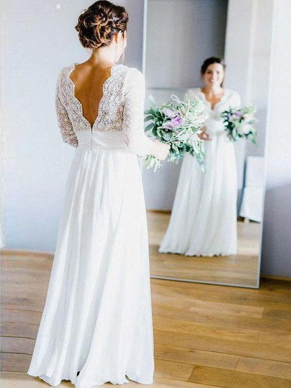 A-Linie/Princess-Linie Chiffon Spitze V-Ausschnitt Lange Ärmel Bodenlang Brautkleider