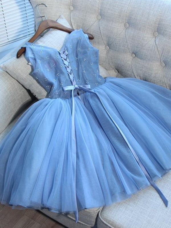 A-Line/Princess Tulle Applique V-neck Sleeveless Short/Mini Dresses