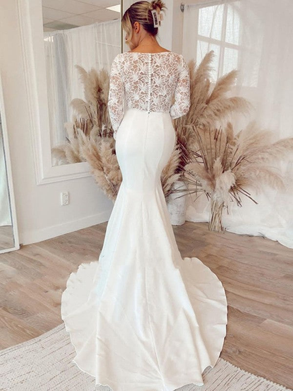 Vestidos de novia con escote en V, mangas largas y cola larga, de crepé elástico y encaje