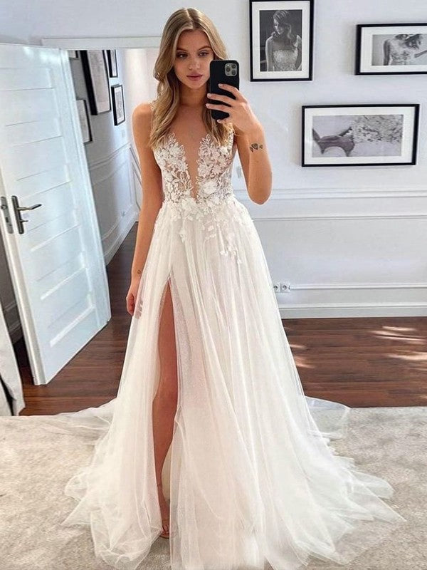 Vestidos de novia de corte A/princesa, de tul, encaje, escote en V, sin mangas, con cola larga
