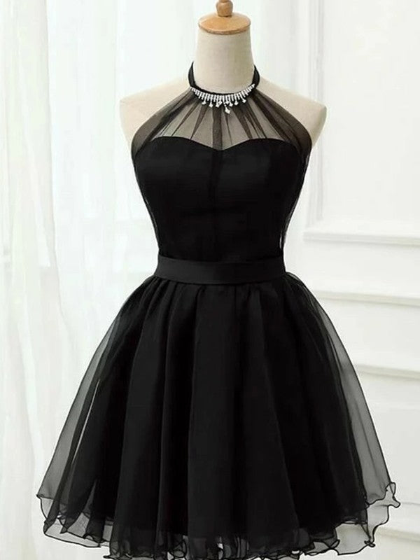 Vestidos cortos/mini de corte A/princesa con tul, volantes, cuello halter, sin mangas