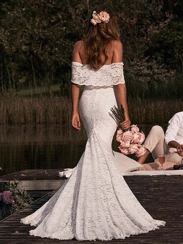 Trumpet/Mermaid Lace Off-the-Shoulder Short Sleeves Sweep/Brush Train Wedding Dresses