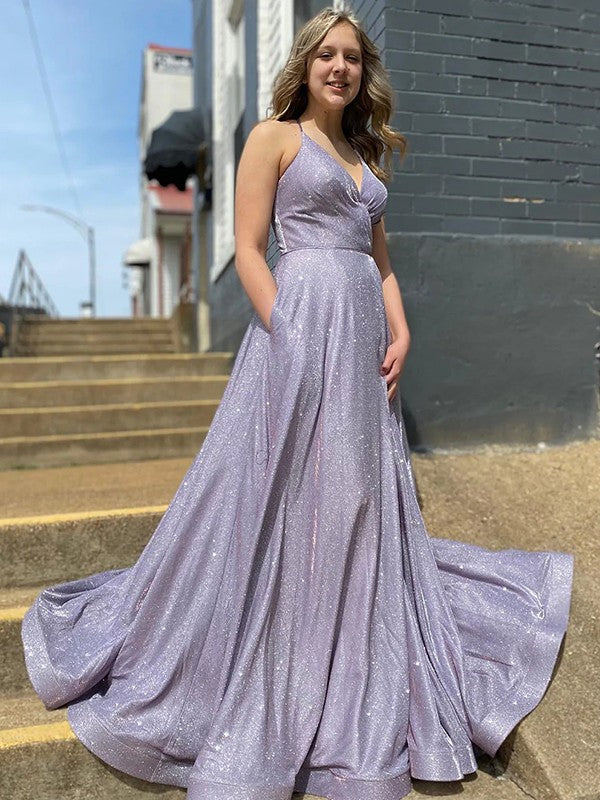 Vestidos de corte A/princesa con volantes, escote en V, sin mangas y hasta el suelo