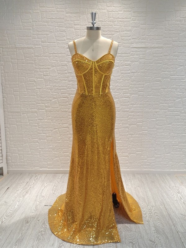 Vestidos de corte tubo/columna con lentejuelas, tirantes finos, sin mangas y con cola larga