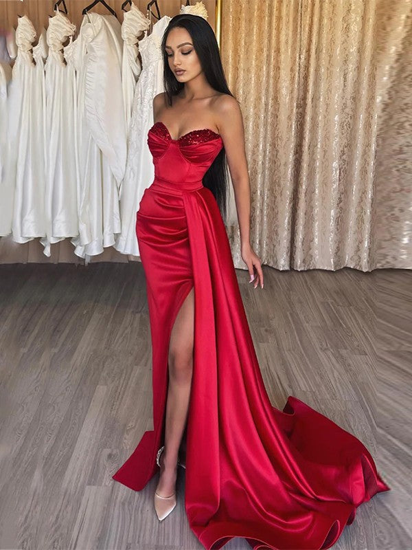 Sheath/Column Woven Satin Ruched Sweetheart Sleeveless Sweep/Brush Train Dresse