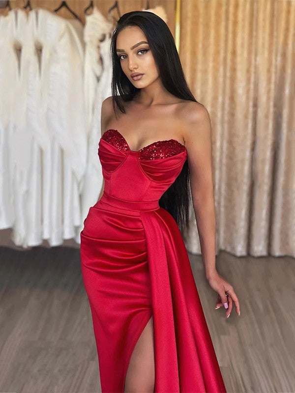 Sheath/Column Woven Satin Ruched Sweetheart Sleeveless Sweep/Brush Train Dresse