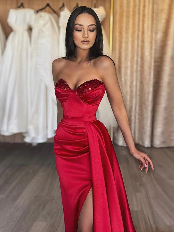 Sheath/Column Woven Satin Ruched Sweetheart Sleeveless Sweep/Brush Train Dresse