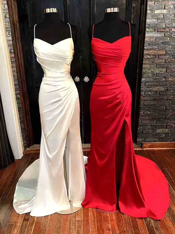 Sheath/Column Woven Satin Ruched Spaghetti Straps Sleeveless Sweep/Brush Train Dresses