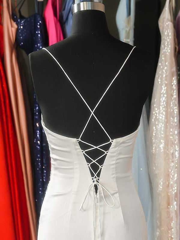 Sheath/Column Woven Satin Ruched Spaghetti Straps Sleeveless Sweep/Brush Train Dresses