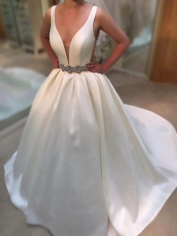 A-Linie/Princess-Linie Hof-schleppe Satin V-Ausschnitt Ärmellos Brautkleider