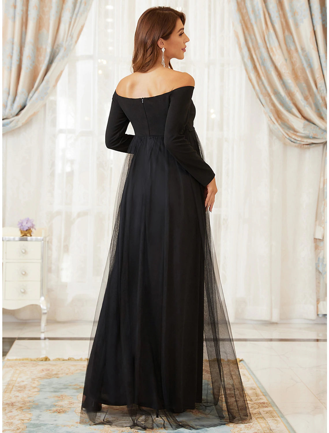 A-Linien-Kleid für die Brautmutter, elegant, schulterfrei, bodenlang, Tüll, lange Ärmel mit Stufen