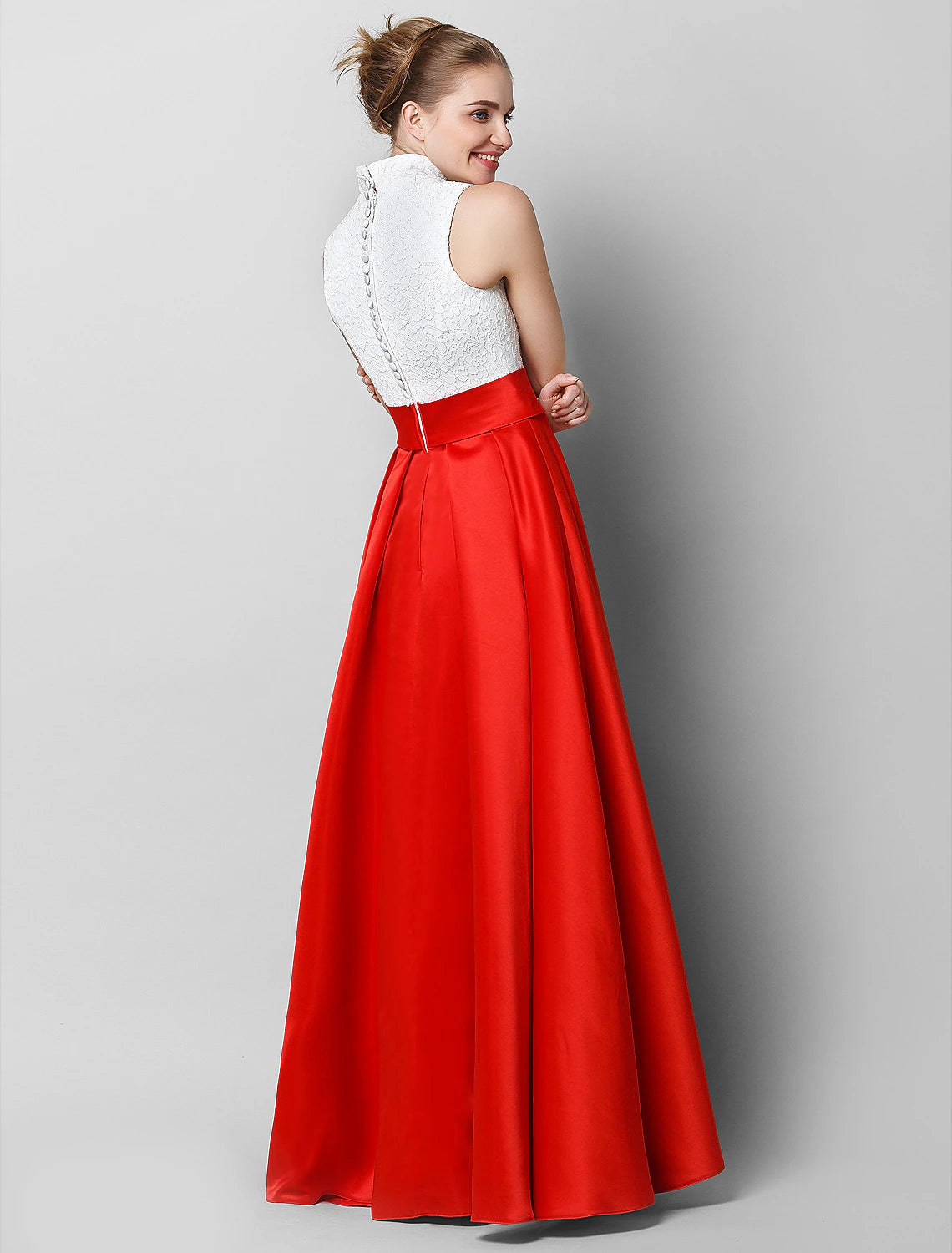 A-Linie, elegantes und luxuriöses Farbblock-Kleid für formelle Abende, schwarze Krawatte, Galakleid, hoher Halsausschnitt, ärmellos, bodenlang, Spitze mit Falten