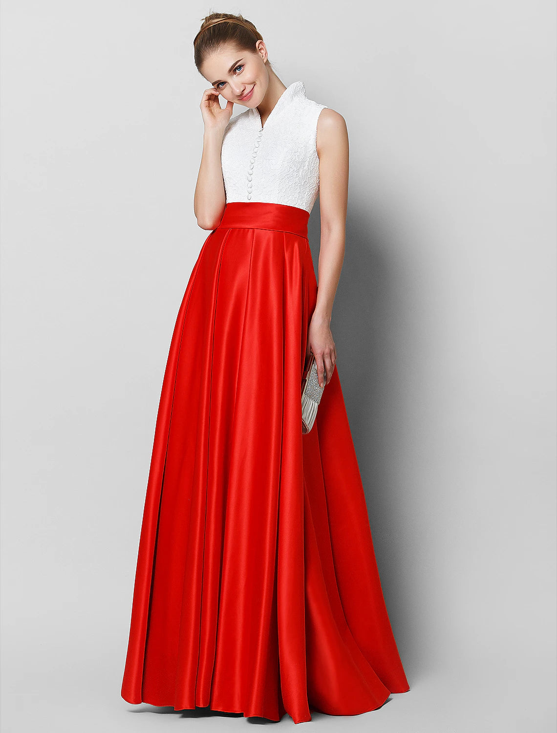 A-Linie, elegantes und luxuriöses Farbblock-Kleid für formelle Abende, schwarze Krawatte, Galakleid, hoher Halsausschnitt, ärmellos, bodenlang, Spitze mit Falten