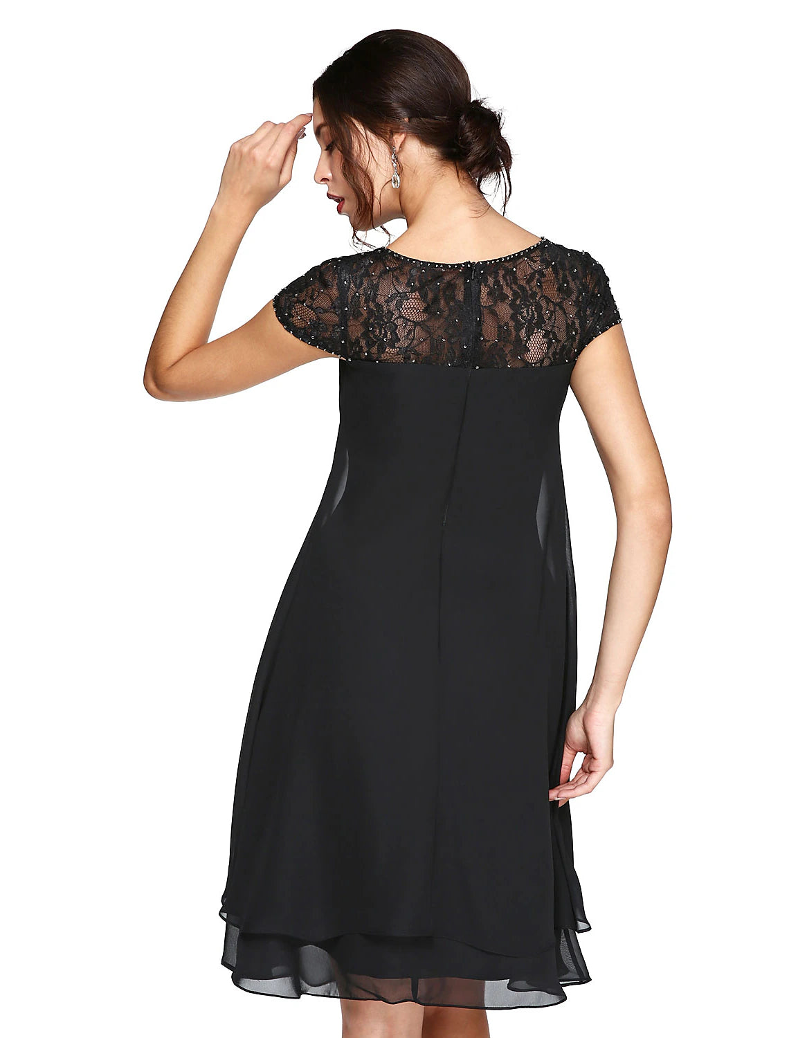 A-Linien-Kleid für die Brautmutter, Übergröße, elegant, Illusionsausschnitt, knielang, Chiffon, Spitze, kurze Ärmel mit Pailletten