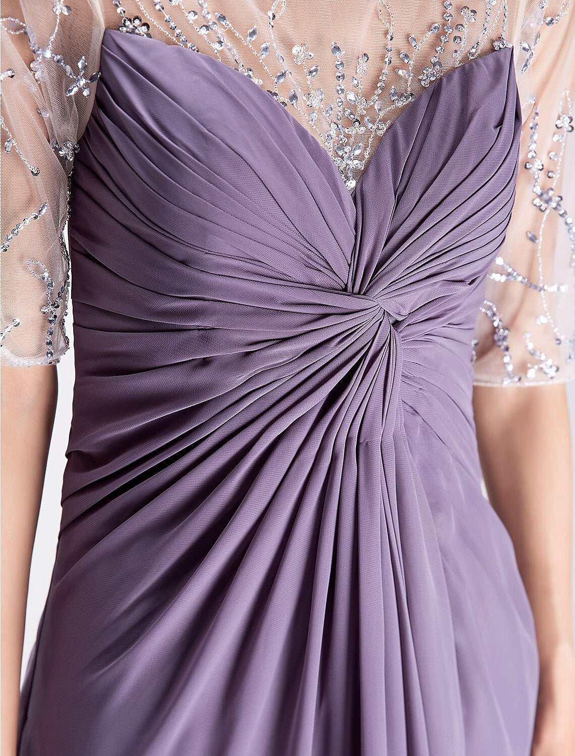 A-Linien-Kleid für die Brautmutter, elegant, U-Ausschnitt, bodenlang, Chiffon, halbe Ärmel, nein, mit überkreuzten Perlen