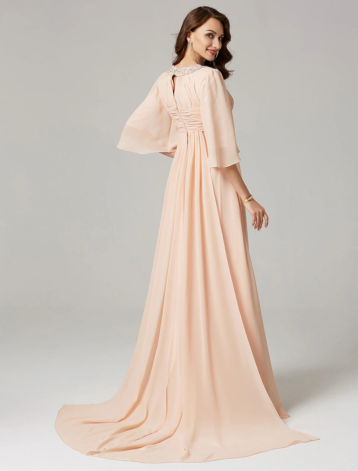 A-Linie Kleider für besondere Anlässe Elegantes Kleid für Hochzeitsgäste Formeller Abend Sweep/Pinsel Schleppe Halbe Ärmel Rundhalsausschnitt Chiffon mit Perlenbesatz Drapierung