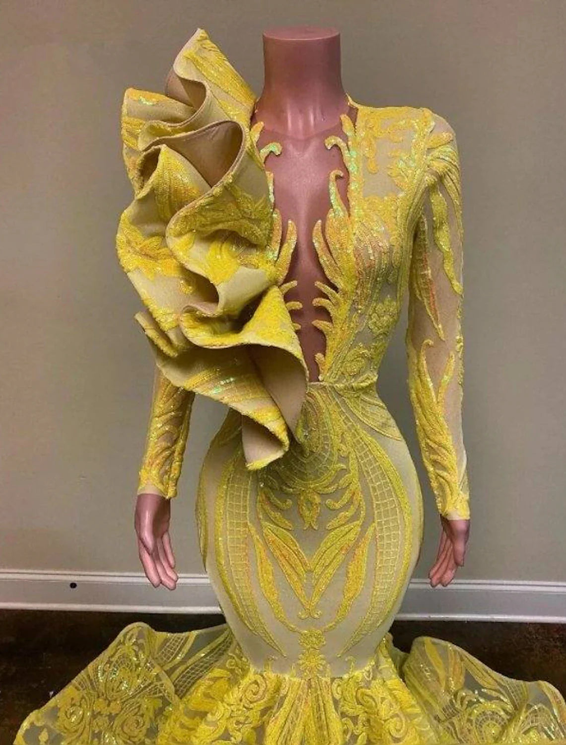Vestido de noche de sirena/trompeta, floral, para carnaval, formal, con cola capilla, manga larga, cuello joya, afroamericano, con lentejuelas