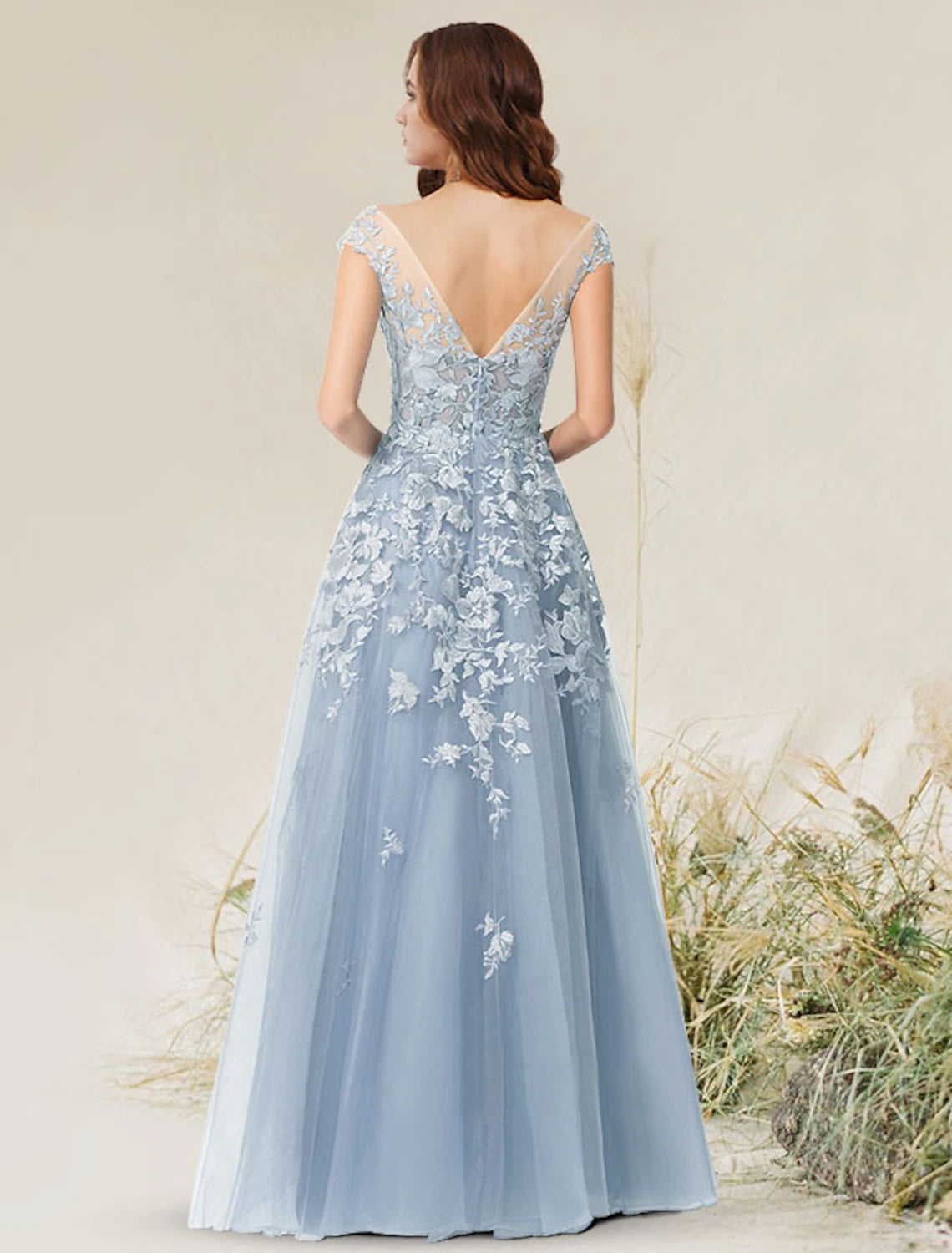 A-Linie Empire Elegantes Partykleid Formelles Abendkleid Rundhalsausschnitt Ärmellos Bodenlang Spitze mit Applikationen