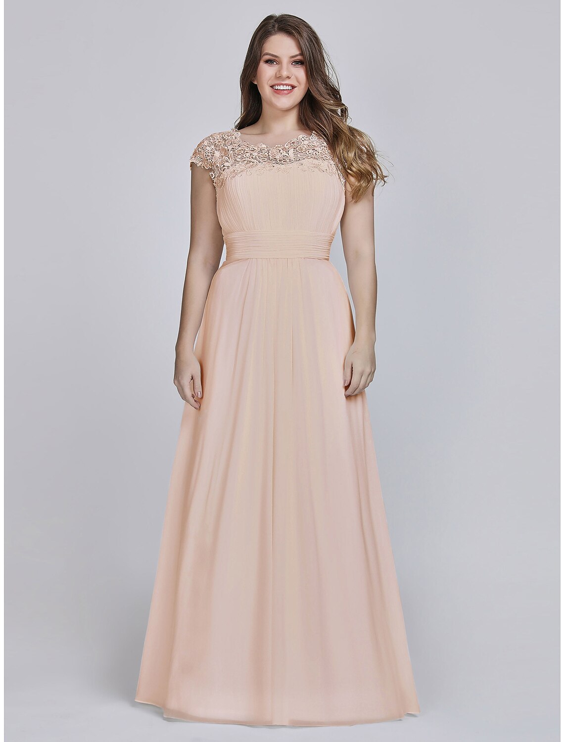 A-Line Mother of the Bride Dress Wedding Guest Plus Size Jewel Neck Floor Length Chiffon Short Sleeve with Lace Ruching Fall