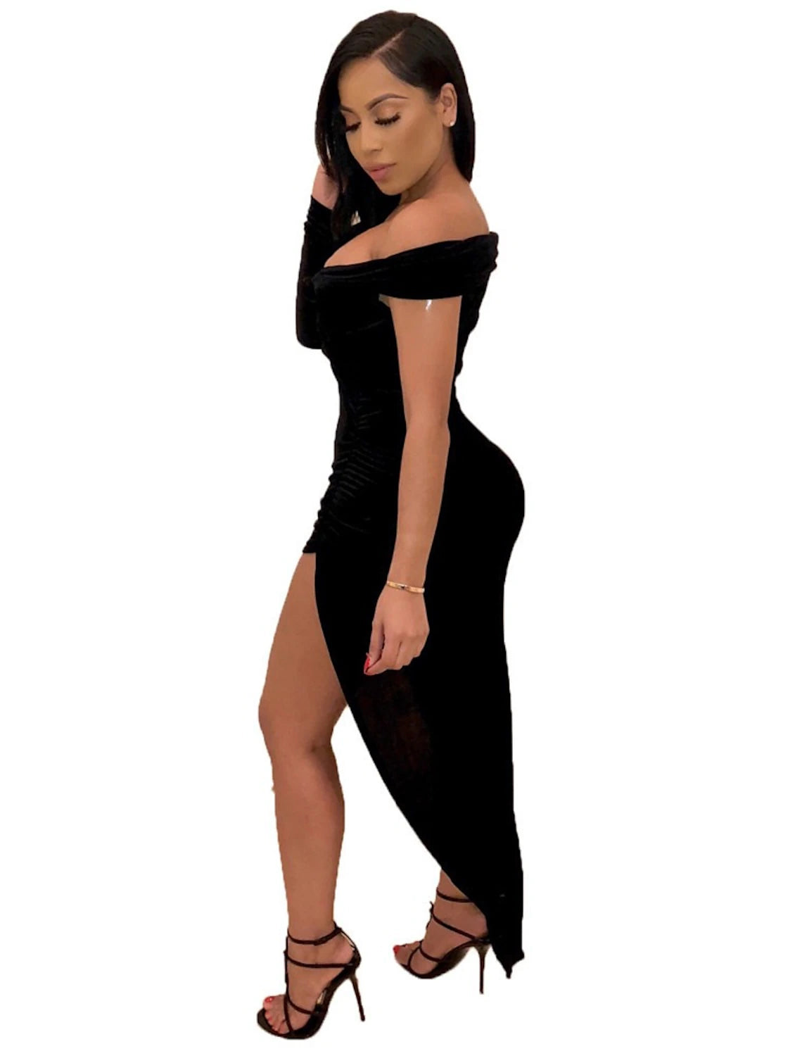 Vestido sexy y caliente para fiesta, para club, con abertura alta, escote en V, hombros descubiertos, manga larga, ajustado, asimétrico, de licra, con diseño elegante