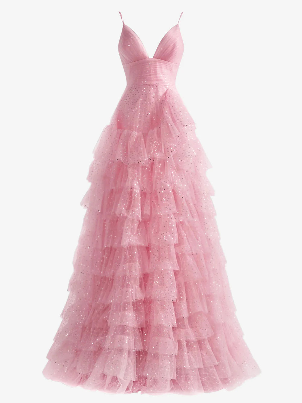 A-Linien-Ballkleid aus Tüll mit gestuften Spaghettiträgern