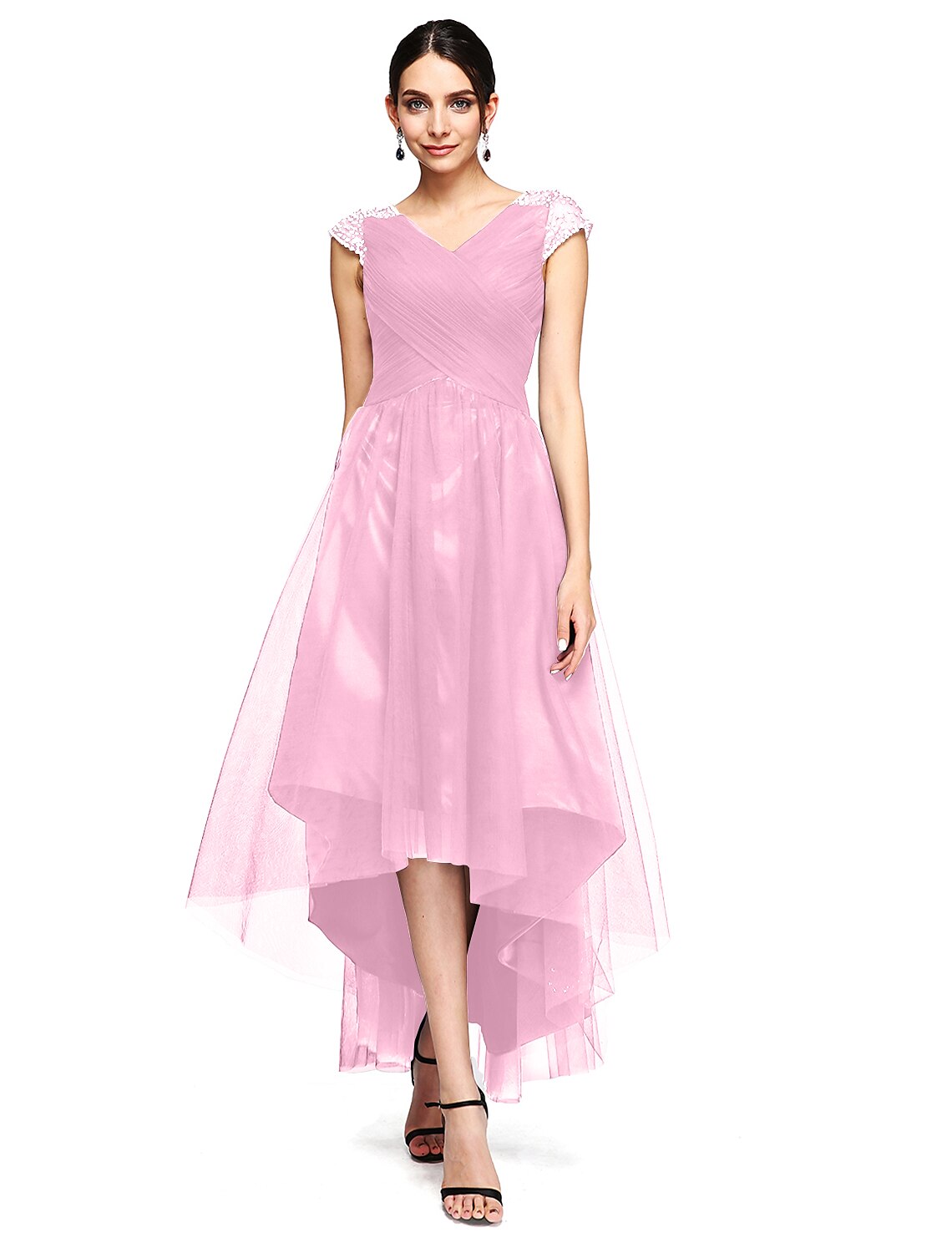 A-Linien-Kleid für besondere Anlässe, rückenfreies Kleid für Hochzeitsgäste, Abschlussball, asymmetrisch, kurze Ärmel, V-Ausschnitt, Tüll mit überkreuzten Perlen