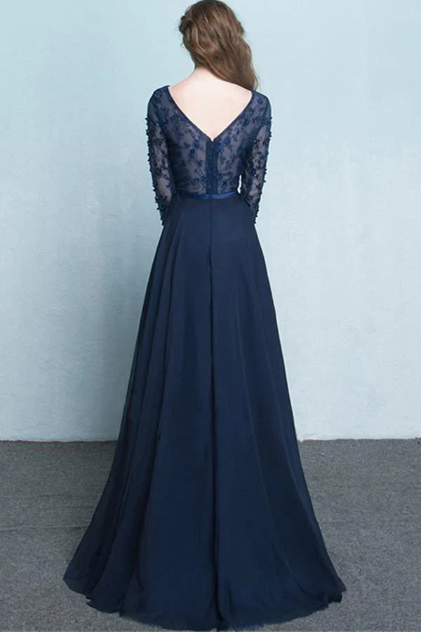 Vestido formal de gasa con escote redondo, manga larga y abalorios, corte A, vestido de noche, vestido de fiesta